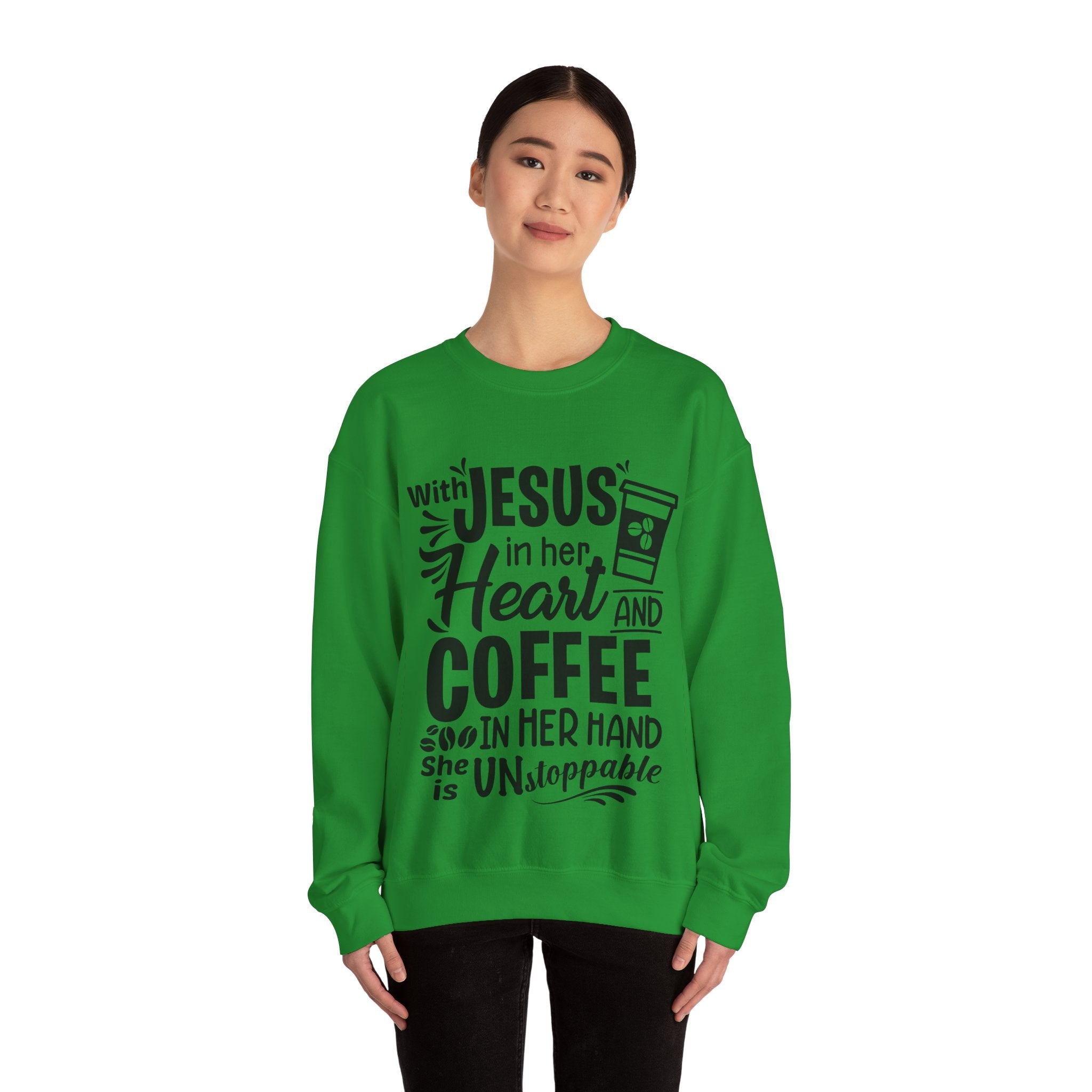 With Jesus in Her Heart and Coffee in Her Hand | Crewneck Sweatshirt